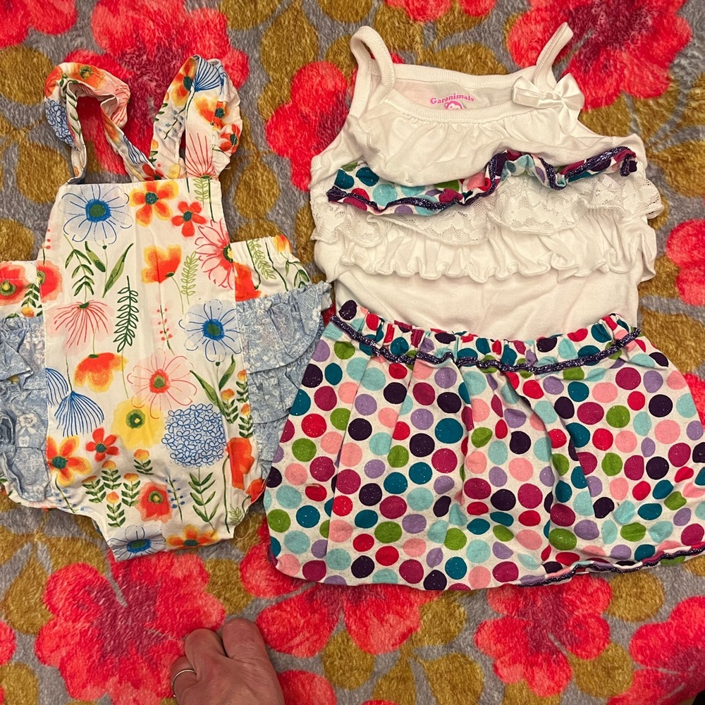 Bundle of BABY STARTERS Ruffled Romper Sz NB & GARANIMALS Skirt Set Sz 0-3 M